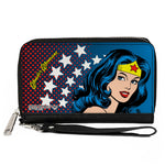 PU Zip Around Wallet Rectangle - WONDER WOMAN Stars/Face Halftone Blues/Red/Yellow/White