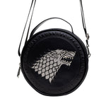 Game of Thrones Vegan Leather Round Crossbody Bag with Adjustable Straps, House of Stark Sigil Debossed and Filigree, Black