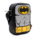 DC Comics Vegan Leather Round Crossbody Bag with Adjustable Straps, Batman Character Close Up with Bat and Belt Appliques, Black and Grey