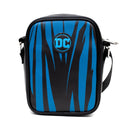 DC Comics Vegan Leather Round Crossbody Bag with Adjustable Straps, Batman Character Close Up with Bat and Belt Appliques, Black and Grey