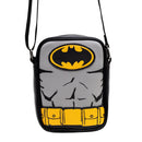 DC Comics Vegan Leather Round Crossbody Bag with Adjustable Straps, Batman Character Close Up with Bat and Belt Appliques, Black and Grey