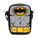 DC Comics Vegan Leather Round Crossbody Bag with Adjustable Straps, Batman Character Close Up with Bat and Belt Appliques, Black and Grey