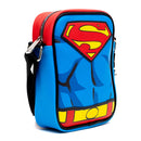 DC Comics Vegan Leather Crossbody Bag with Adjustable Straps, Superman Character Close Up with Super Logo and Belt Appliques, Blue