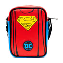 DC Comics Vegan Leather Crossbody Bag with Adjustable Straps, Superman Character Close Up with Super Logo and Belt Appliques, Blue