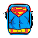 DC Comics Vegan Leather Crossbody Bag with Adjustable Straps, Superman Character Close Up with Super Logo and Belt Appliques, Blue