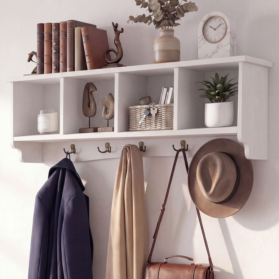Wall-Mounted Coat Rack with 4 Cubbies and 5 Double Hooks