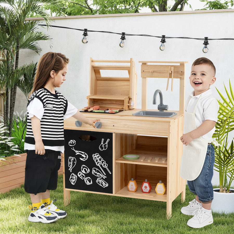 Wooden Barbecue Grill Playset with Chalkboard and Sink and Cabinet-Natural