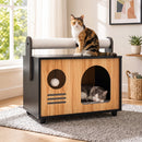 Wooden Cat House with Scratching Post and Cushion