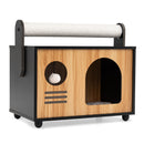 Wooden Cat House with Scratching Post and Cushion
