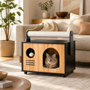 Wooden Cat House with Scratching Post and Cushion