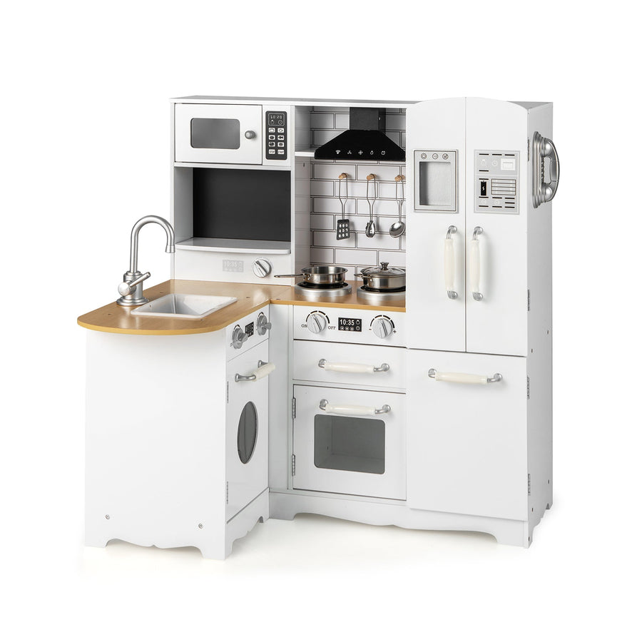 Wooden Kid's Corner Kitchen Playset with Stove for Toddlers-Natural & White