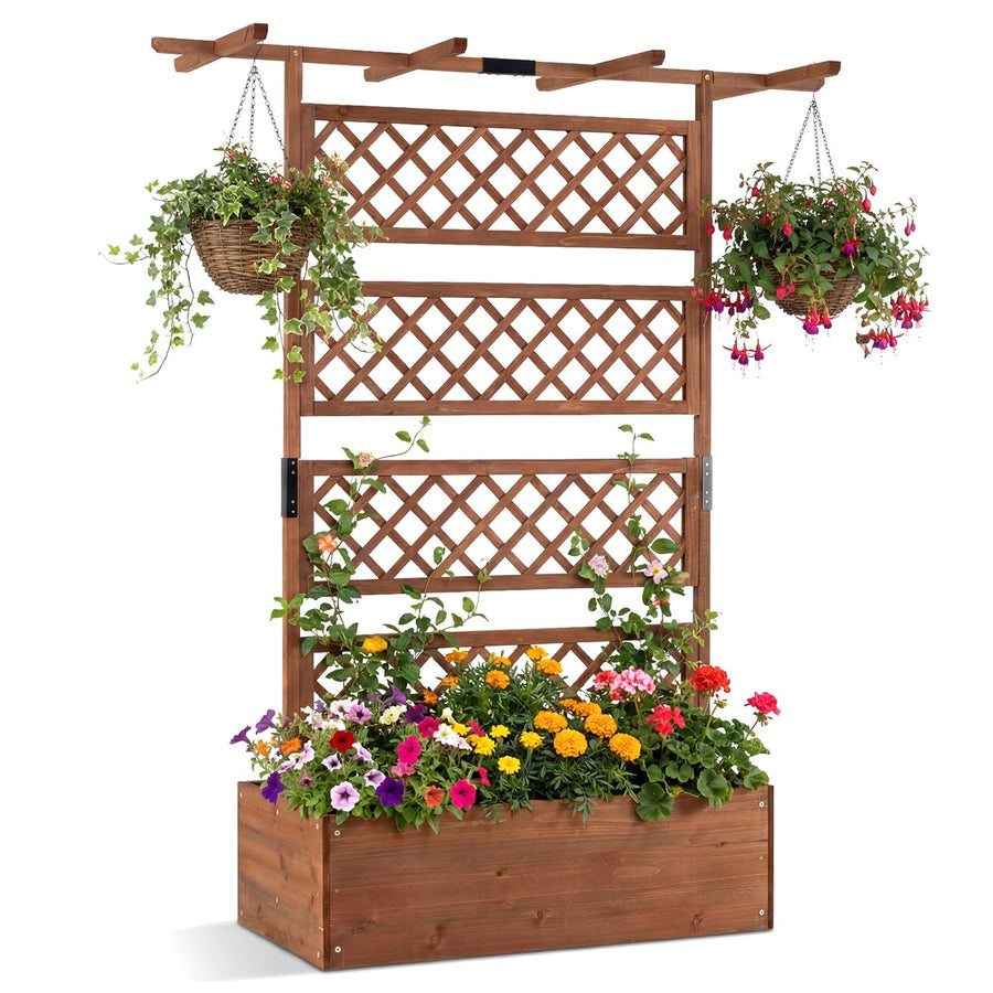 Wooden Planter Box with Lattice Trellis Raised Garden Bed Privacy Screen with Flat Roof