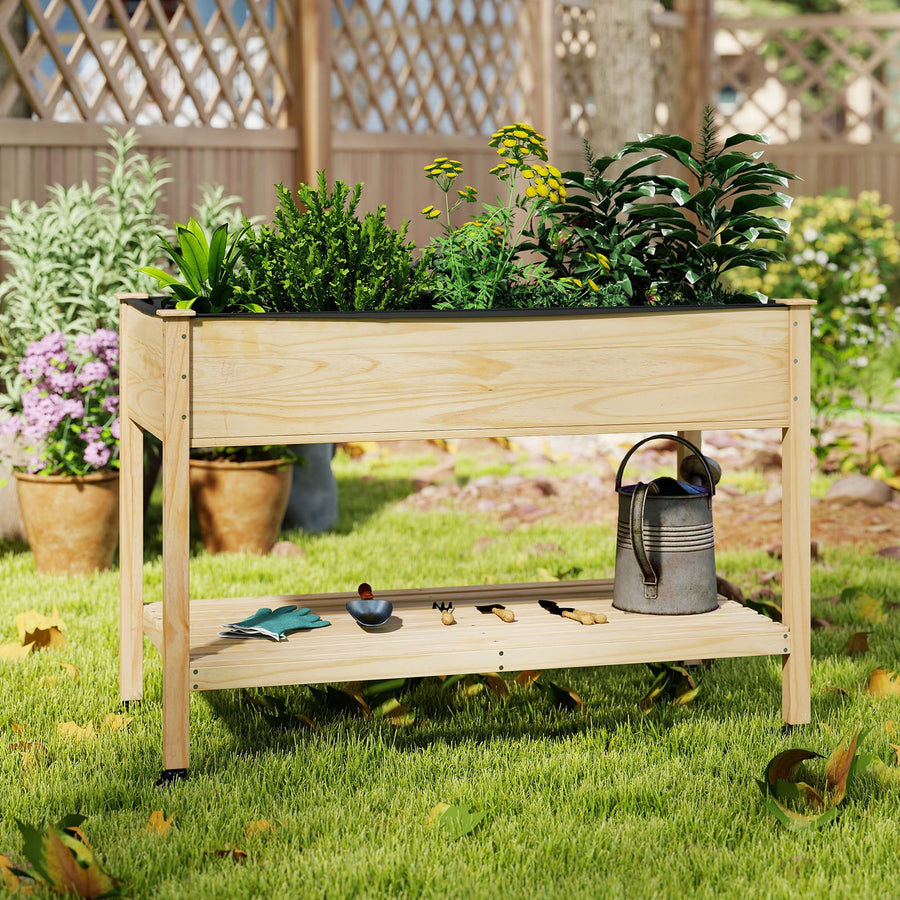 Wooden Raised Garden Bed with Legs and Lockable Wheels-Natural