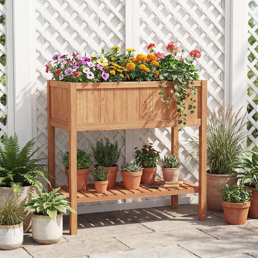 Wooden Raised Garden Bed with Storage Shelf and 220 LBS Capacity-Orange