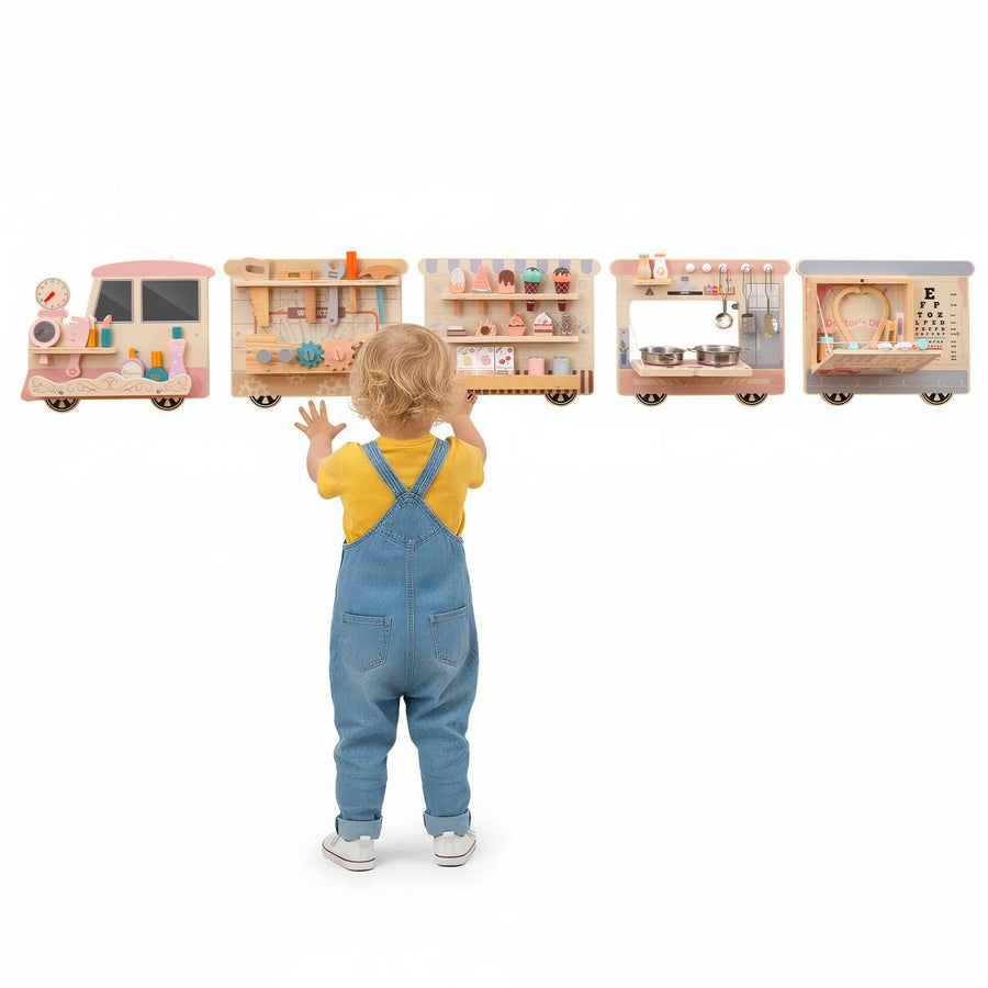 Wooden Sensory Wall Panel with Vanity and Tool Box