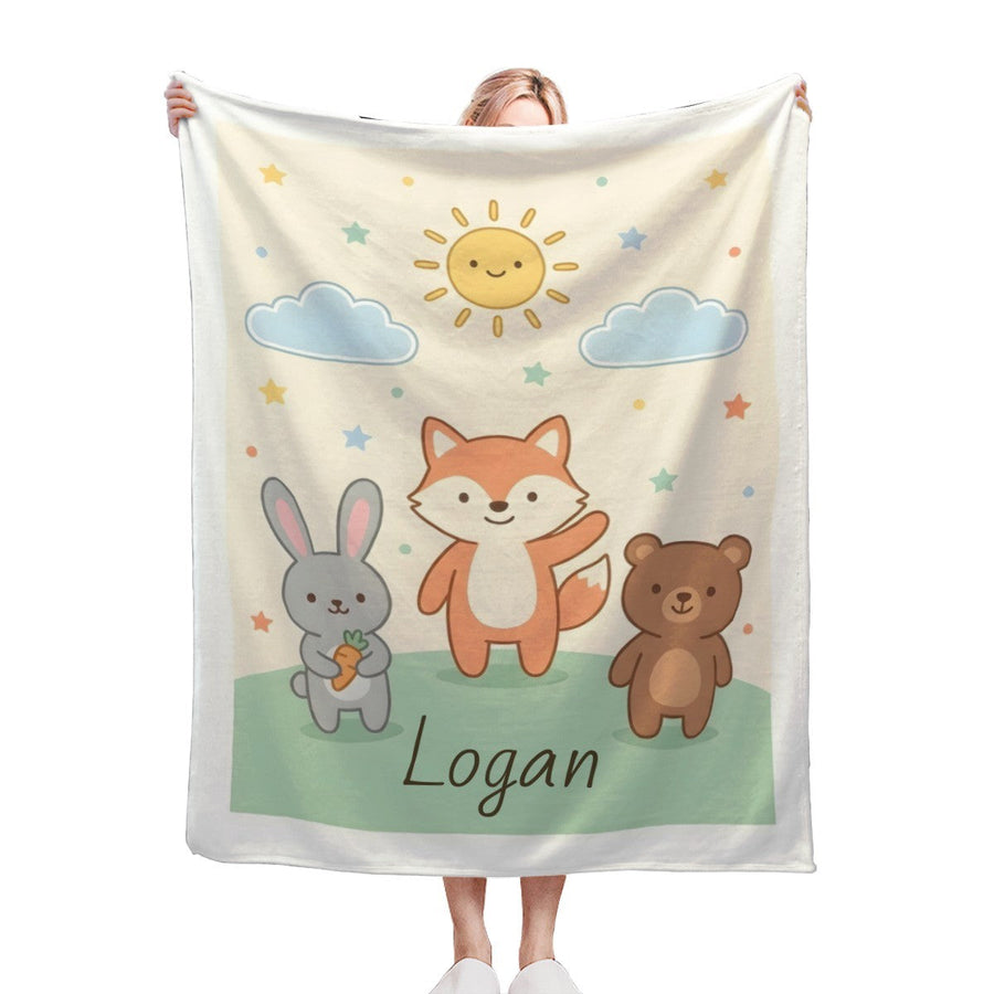 Personalized Woodland Animal Blanket | Custom Name | Bunny Fox Bear Sun Meadow Fleece Throw Gift