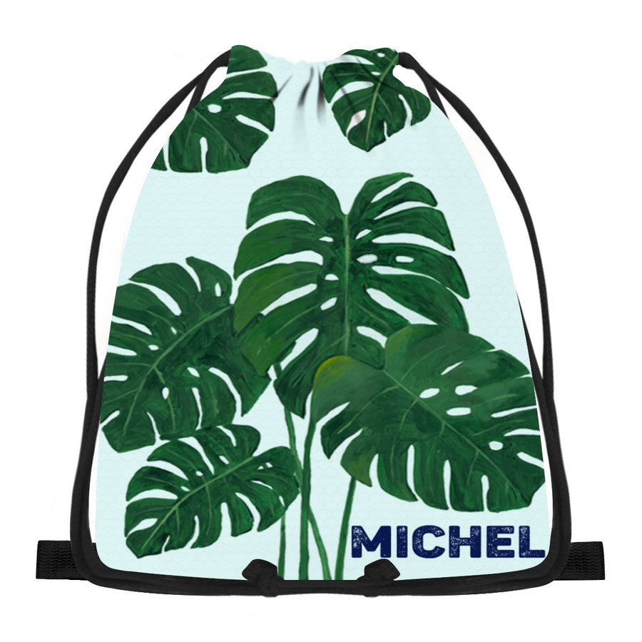 Personalized Monstera Leaf Drawstring Bag with Custom Name - Tropical Plant Gym School and Beach Bag for Kids and Adults