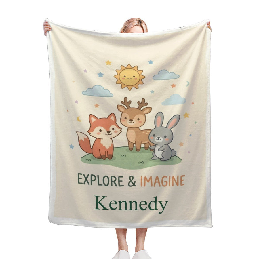 Personalized Woodland Friends Blanket | Custom Name | Fox Deer Bunny Explore Imagine Gift