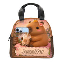 Personalized Capybara Lunch Bag with Name - Kawaii Capybara Boba Tea Design on Insulated Tote with Front Zip Pocket - Custom Gift for Teen Girls