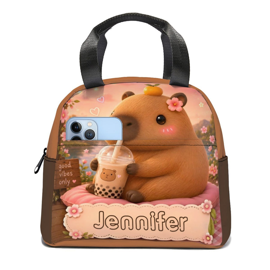 Personalized Capybara Lunch Bag with Name - Kawaii Capybara Boba Tea Design on Insulated Tote with Front Zip Pocket - Custom Gift for Teen Girls