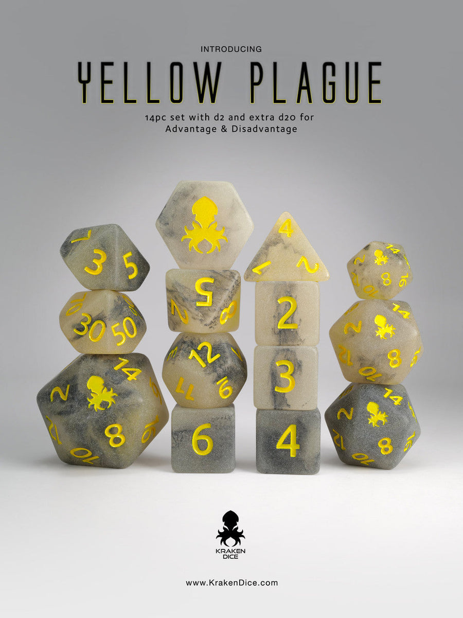 Kraken Dice Yellow Plague Glow in the Dark 14 pc Dice Set