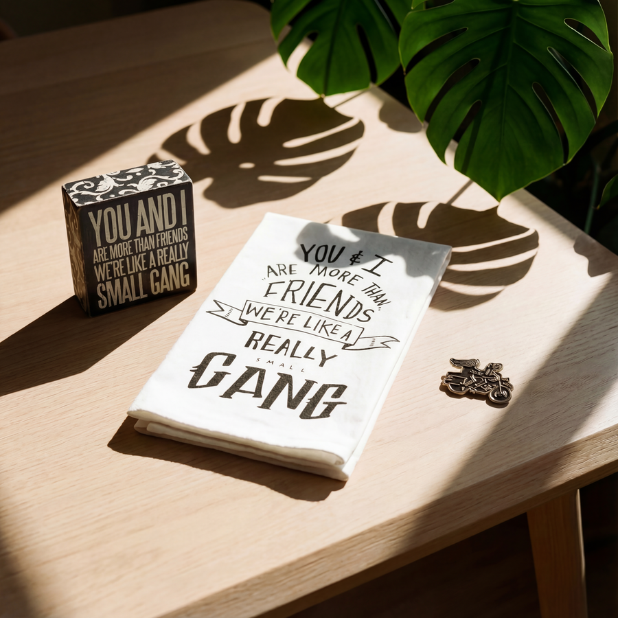 You And I Are More Than Friends - We're Like A Really Small Gang Pin, Box Sign and Dish Towel Gift Set