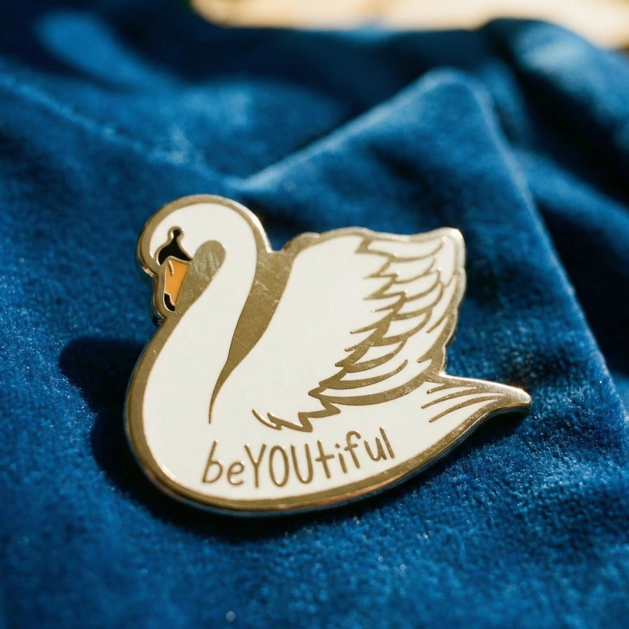 You Are Naturally Beautiful When You Are Yourself Swan Enamel Pin in White and Gold