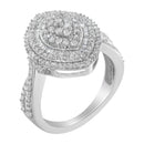 .925 Sterling Silver 1.0 Cttw Round & Baguette-Cut Diamond Marquise-Shaped Cluster Triple Stepped Halo Cocktail Fashion Ring (I-J Color, I2-I3 Clarity) - Size 7