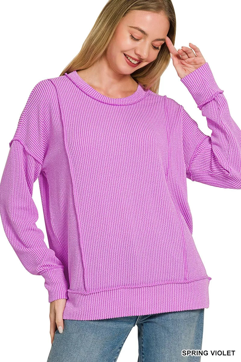 Zenana Corded Rib Long Sleeve Round Neck Top