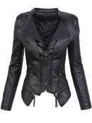 PU Leather Zippered Patchwork Jacket Coats