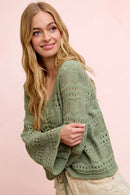 BiBi Pointelle Knit V Neck Ruched Front Lightweight Top