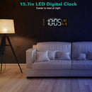 15.7in LED Digital Wall Clock with Remote Control 10 Level Brightness 3 Alarm Settings 12/24Hr Format Timing Countdown Temperature Calendar Display De