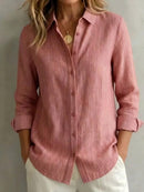 Womens Long-sleeved Linen Shirt With Blue And White Vertical Stripes