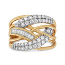 10K Yellow and White Gold 1.0 Cttw Round and Baguette-Cut Diamond Multirow Interwoven Cocktail Ring (I-J Color, I2-I3 Quality) - Size 7