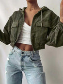 Womens Hooded Drawstring Short Jacket With Long Sleeves