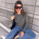 Stylish Crew-neck Long-sleeve Striped Slim-fit Top