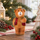 Brown Bear with Red Vest Glass Christmas Ornament