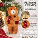 Brown Bear with Red Vest Glass Christmas Ornament