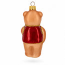 Brown Bear with Red Vest Glass Christmas Ornament