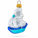 Sailing Ship with White Sails and Blue Hull Glass Christmas Ornament