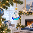 Sailing Ship with White Sails and Blue Hull Glass Christmas Ornament