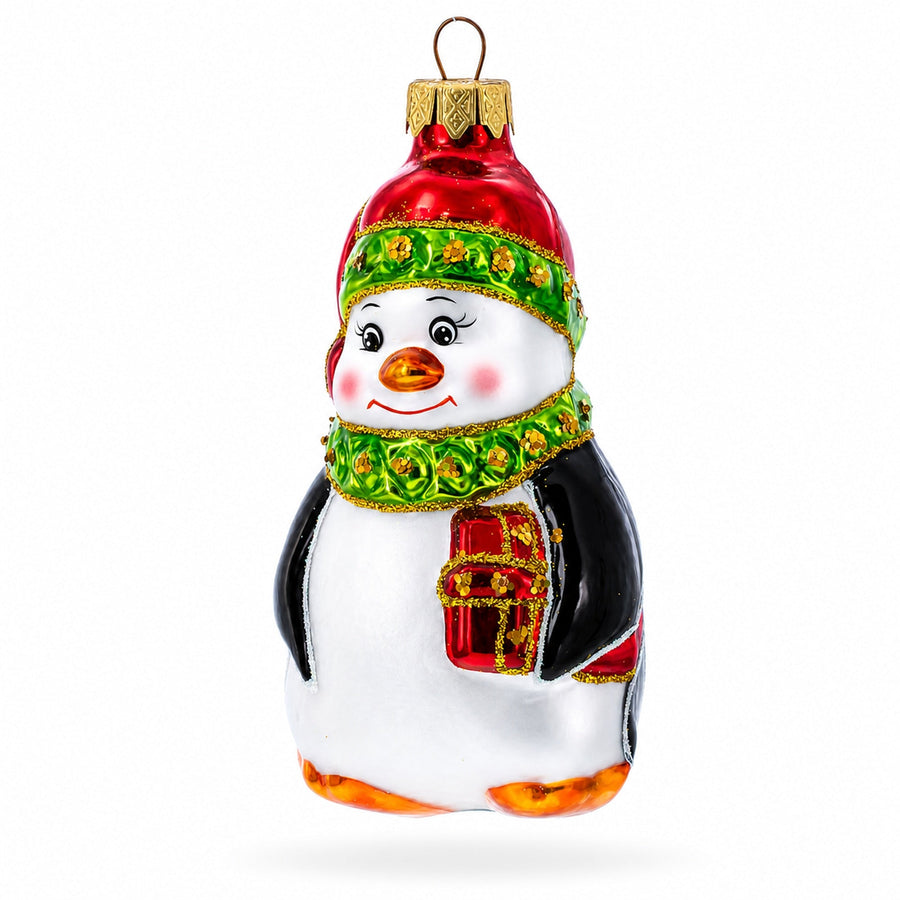 Penguin in Santa Hat with Red Present Glass Christmas Ornament