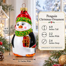 Penguin in Santa Hat with Red Present Glass Christmas Ornament