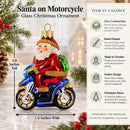 Santa on Motorcycle with Green Backpack Glass Christmas Ornament