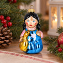 Girl Hugging Yellow Duck Glass Christmas Ornament