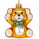 Golden Bear with Blue Bow and Raised Paws Glass Christmas Ornament