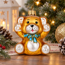 Golden Bear with Blue Bow and Raised Paws Glass Christmas Ornament