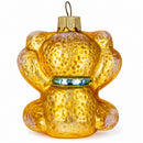 Golden Bear with Blue Bow and Raised Paws Glass Christmas Ornament