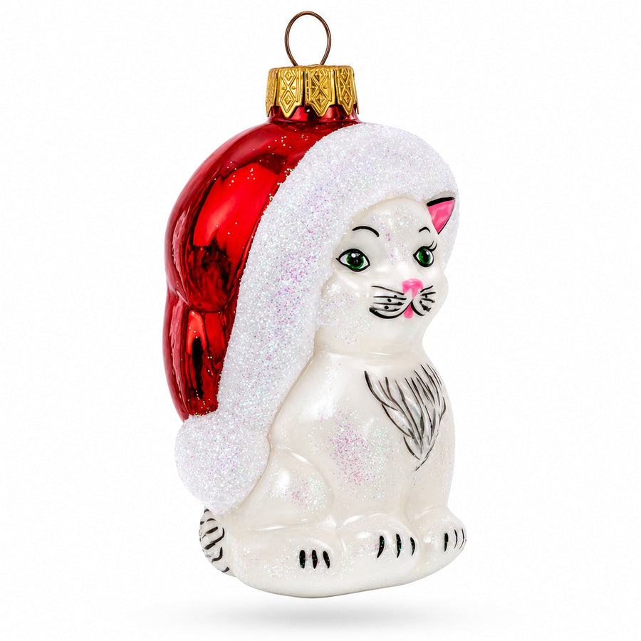 White Cat In Santa Hat Glass Christmas Ornament