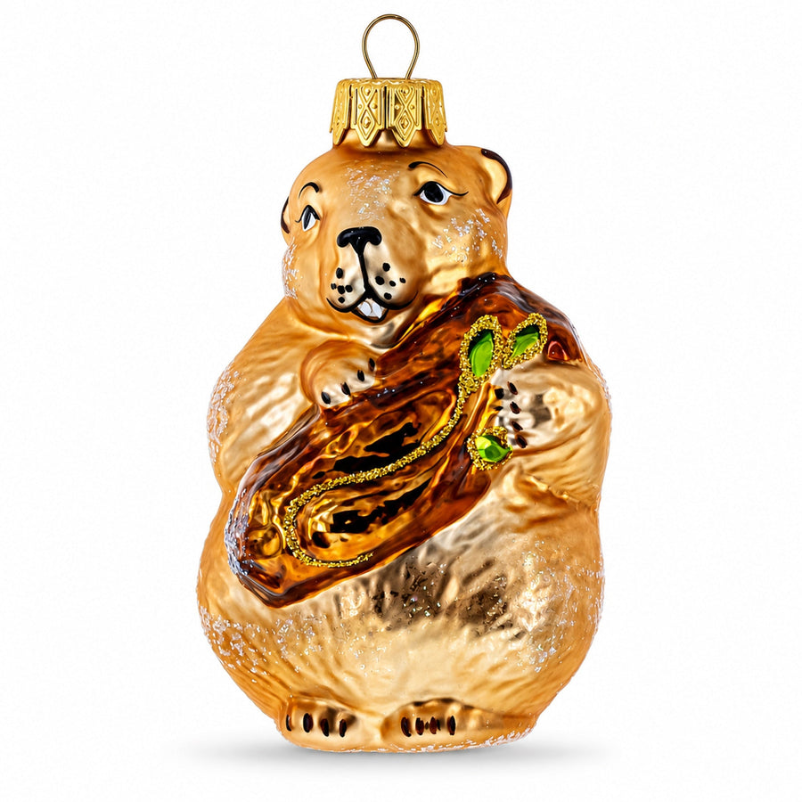 Otter Holding a Log Glass Christmas Ornament